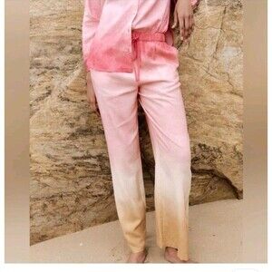 ZARA Pink Ombre Tie Dye Wide Drawstring Pants Linen Viscose Size XL Pockets NWOT